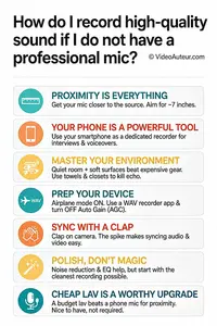 An infographic showing how to record high quality sound if a video creator doesn't have a professional microphone.