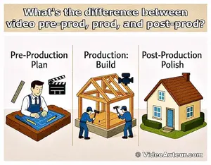 An analogy illustration comparing the process of creating a video to building a house, showing stages like planning, construction, and finishing side-by-side.