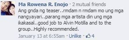 Facebook comment from a viewer who commends both the wedding trailer and its creator. Facebook comment from a viewer who commends both the wedding trailer and its creator.