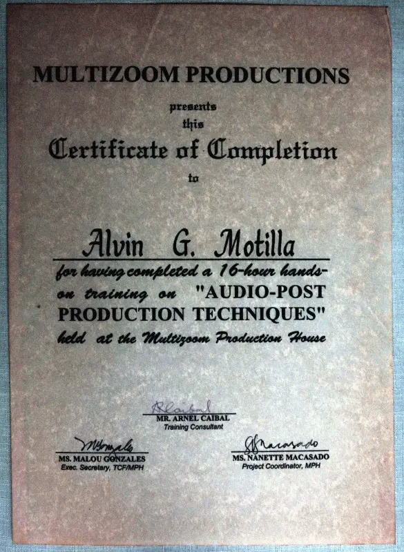 Alvin's audio post-production training certificate Alvin's audio post-production training certificate
