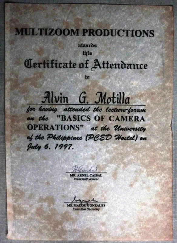 Alvin's video camera operation training certificate Alvin's video camera operation training certificate