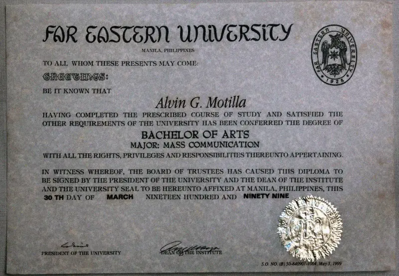 Alvin Motilla's college diploma Alvin Motilla's college diploma