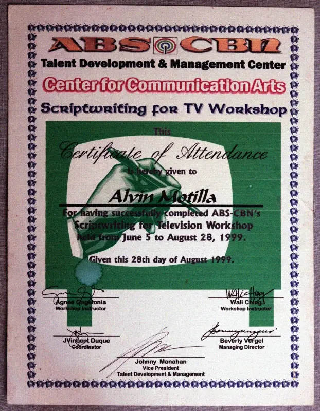 Alvin's script writing for TV workshop certificate from ABS-CBN Alvin's script writing for TV workshop certificate from ABS-CBN