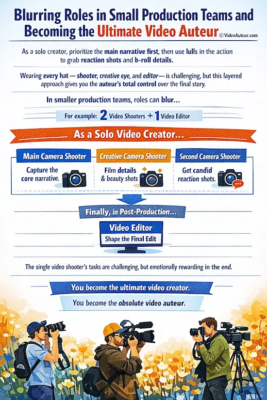 an infographic showing the blurring roles in small video production teams and becoming the ultimate video auteur also known as one-man band video production