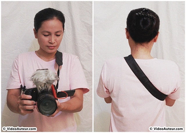 Camera strap hanging on your shoulder like a sling bag as DIY camera stabilizer.
