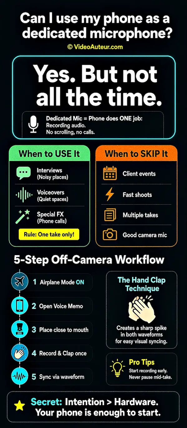 An infographic showing how a video creator can use their phone as a dedicated microphone. An infographic showing how a video creator can use their phone as a dedicated microphone.