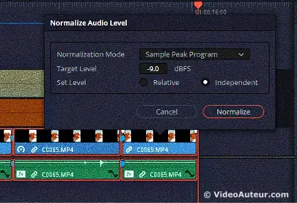 An image showing the sound normalization feature of the DaVinci Resolve video editing software. An image showing the sound normalization feature of the DaVinci Resolve video editing software.