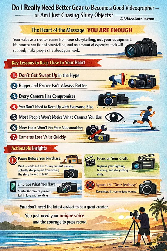 an infographic by Video Auteur showing if a shooter really needs new and better gear to become a good videographer, or are they just chasing shiny objects -- gear acquisition syndrome in videography
