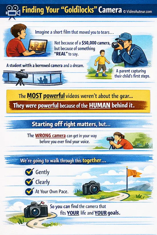 an infographic about finding your "Goldilocks" camera for video shooting by Video Auteur