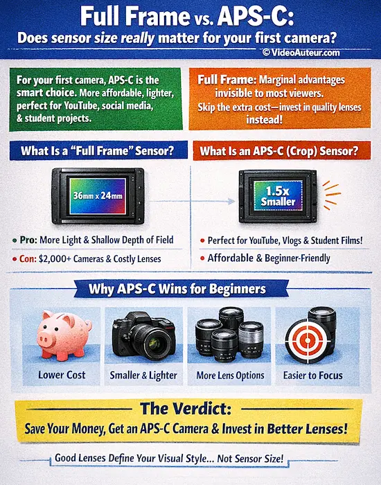 an infographic about "Full Frame vs. APS-C: Does sensor size really matter for your first video camera?" By Video Auteur