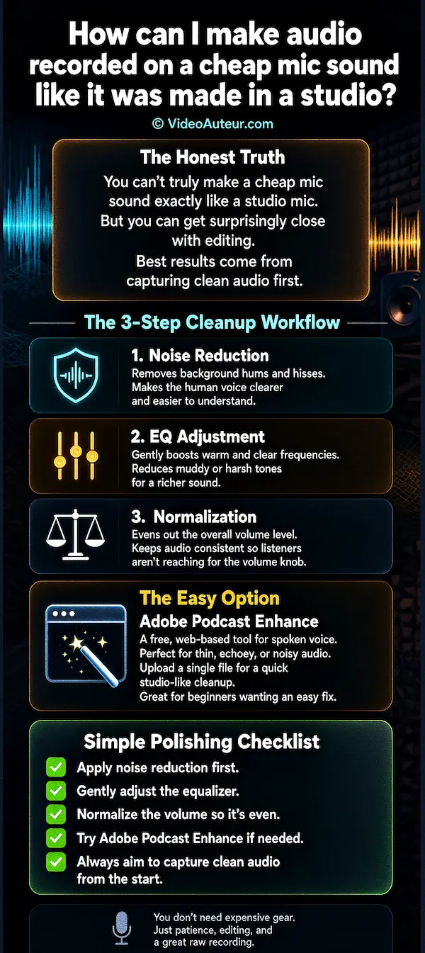 An infographic showing how to make audio recorded on a cheap microphone sound like it was made in a studio. An infographic showing how to make audio recorded on a cheap microphone sound like it was made in a studio.