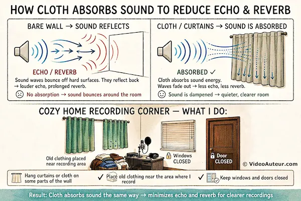 An image showing how cloth absorbs sound in order to reduce echo and reverb. An image showing how cloth absorbs sound in order to reduce echo and reverb.