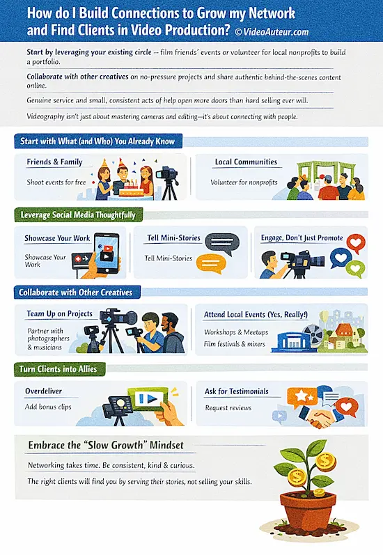 an infographic showing how you can build a professional network and attract clients in video production