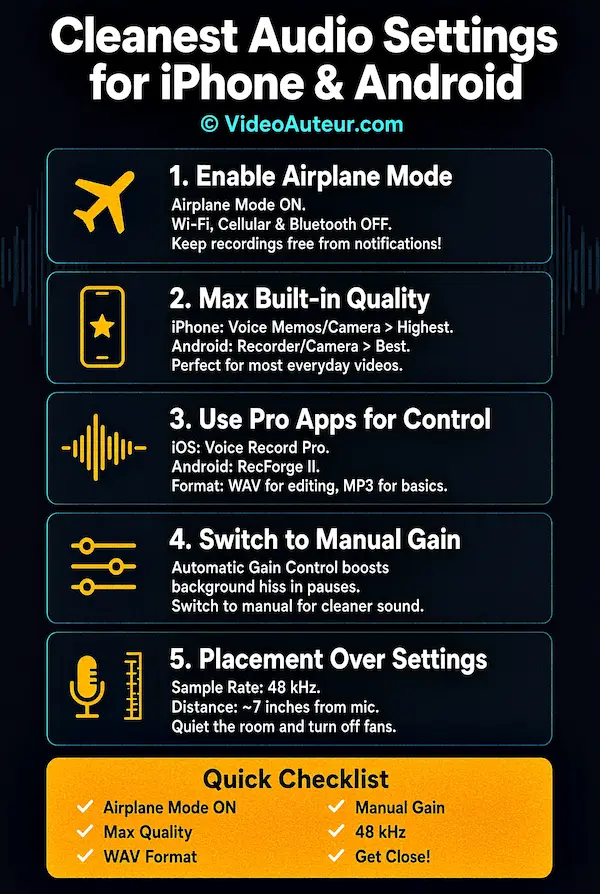An infographic showing video creators how to get the cleanest audio settings directly on an iPhone or Android. An infographic showing video creators how to get the cleanest audio settings directly on an iPhone or Android.