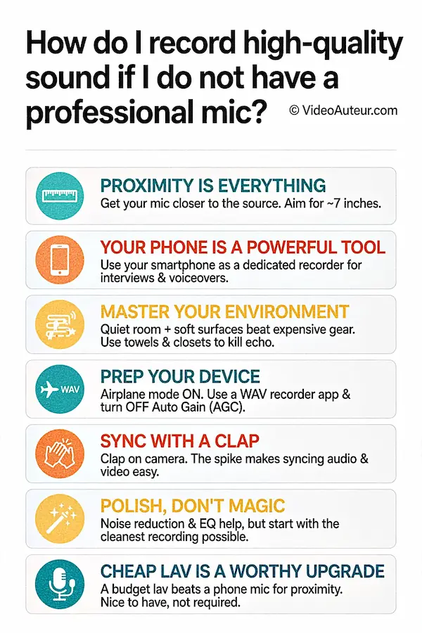 An infographic showing how to record high quality sound if a video creator doesn't have a professional microphone. An infographic showing how to record high quality sound if a video creator doesn't have a professional microphone.