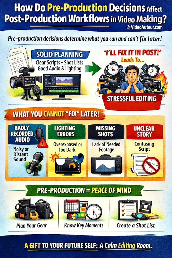 an infographic showing how video pre-production decisions affect post-production workflows an infographic showing how video pre-production decisions affect post-production workflows