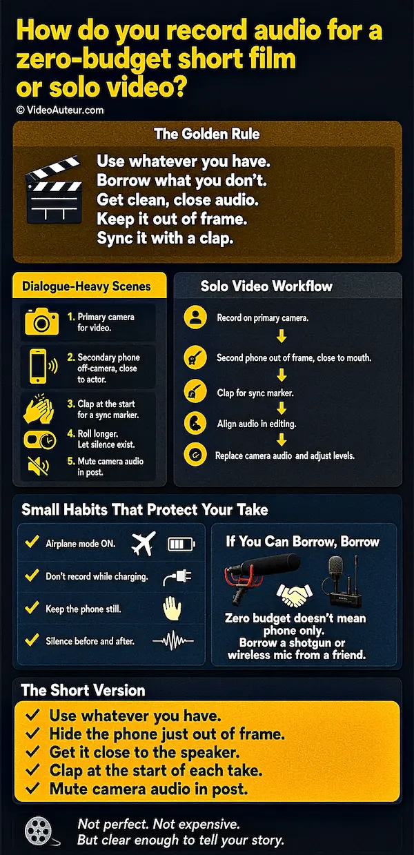 An infographic showing how to record sound for a zero budget short film or solo video. An infographic showing how to record sound for a zero budget short film or solo video.