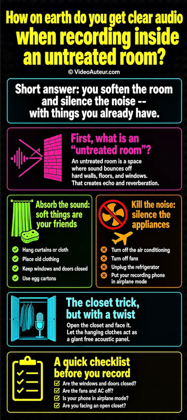 An infographic showing video creators how to get clear audio when recording inside an untreated room. An infographic showing video creators how to get clear audio when recording inside an untreated room.