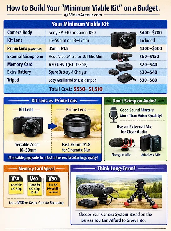 an infographic about how to build your "Minimum Viable Video Kit" on a budget by Video Auteur