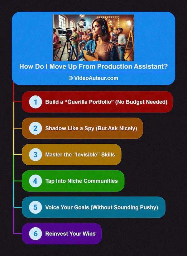 An infographic showing how to move up from being a production assistant.