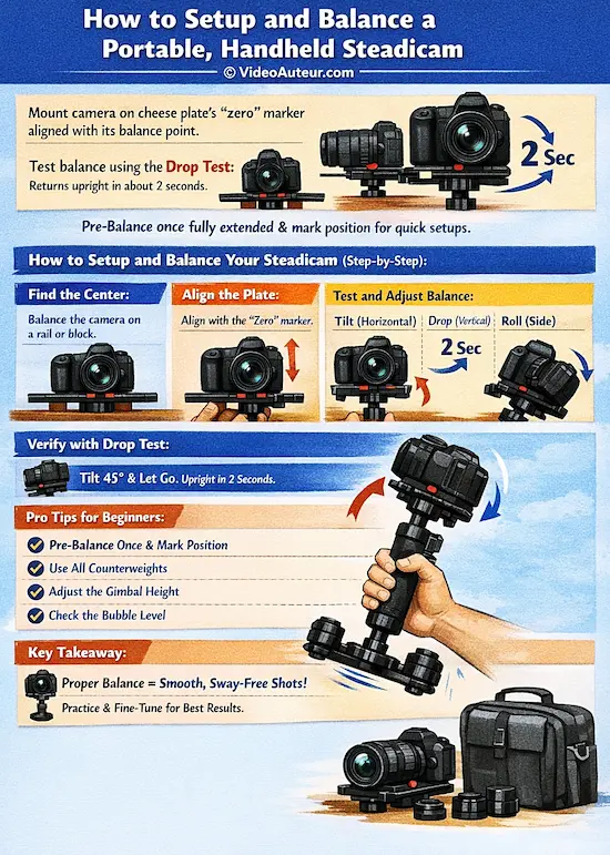 an infographic showing how to setup and balance a portable, handheld steadicam by Video Auteur