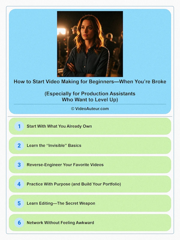 An infographic showing how to start video making for beginners when you are broke.