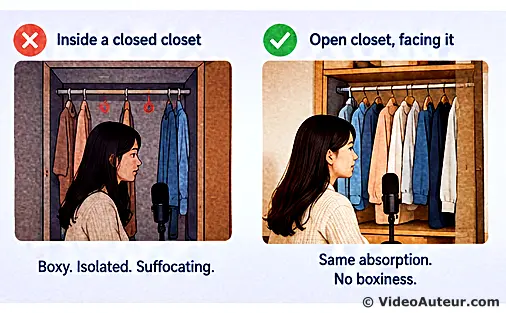 An image showing the difference between a closed closet and an open closet. One needs to open the closet and face it when recording voice in order to avoid a very isolated, boxy, almost suffocating sound. So, same sound absorption, but no boxiness effect. An image showing the difference between a closed closet and an open closet. One needs to open the closet and face it when recording voice in order to avoid a very isolated, boxy, almost suffocating sound. So, same sound absorption, but no boxiness effect.