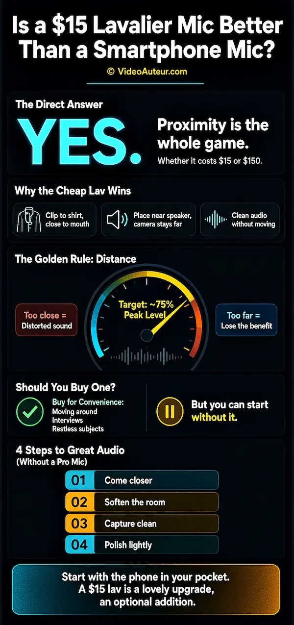 An infographic showing why a budget levalier microphone is actually better than a smartphone mic. An infographic showing why a budget levalier microphone is actually better than a smartphone mic.