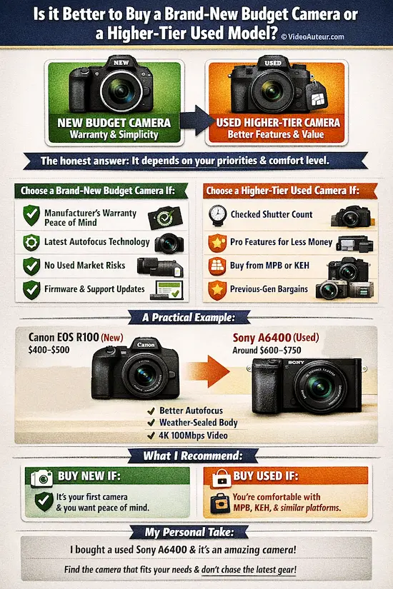 an infographic about whether buying a brand-new budget video camera is better than buying a higher-tier used model by Video Auteur