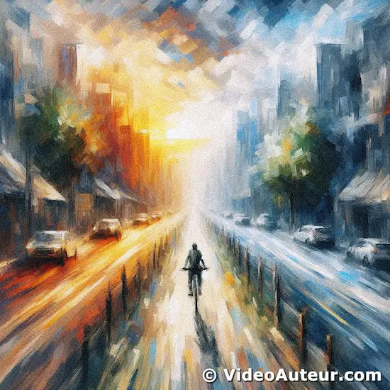 An impressionistic image of a person riding a bicycle.