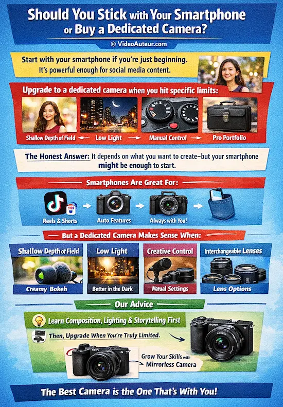 an infographic about whether you should stick with your smartphone or buy a dedicated camera for shooting videos by Video Auteur