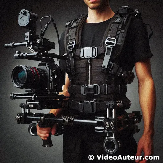 a cameraman wearing a steadicam with vest, arm, and camera sled a cameraman wearing a steadicam with vest, arm, and camera sled