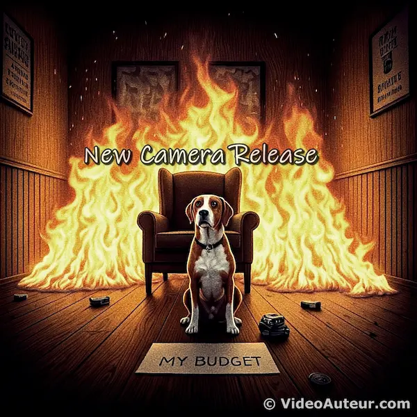A dog sitting calmly in a room labeled “My Budget,” while flames labeled “New Camera Release” engulf everything.