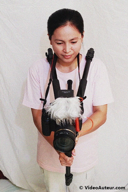 Using the tripod as a shoulder rig - version 2. A form of DIY camera stabilizer.
