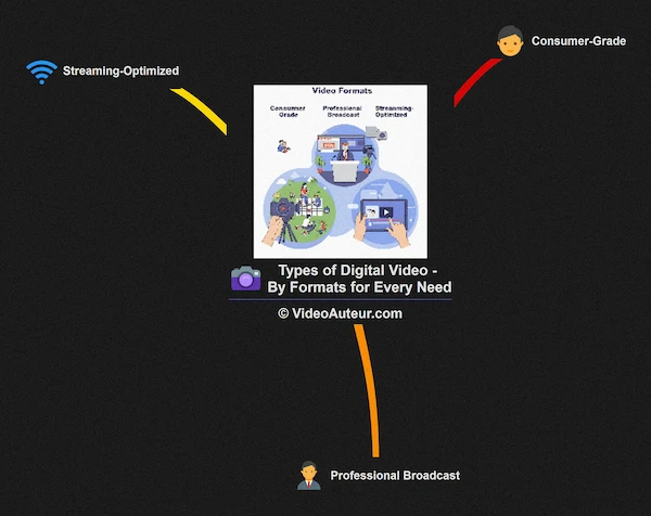 Mind map of the types of digital video by formats for every need. Mind map of the types of digital video by formats for every need.