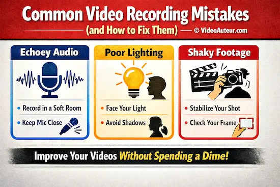 An infographic showing the most common video recording mistakes by beginners.