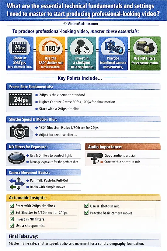an infographic showing the essential technical fundamentals and settings for professional video production -- that is, videography basics -- by Video Auteur