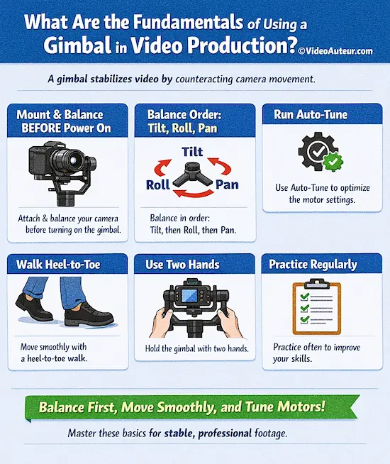an infographic showing the basics of using a gimbal in video production by Video Auteur