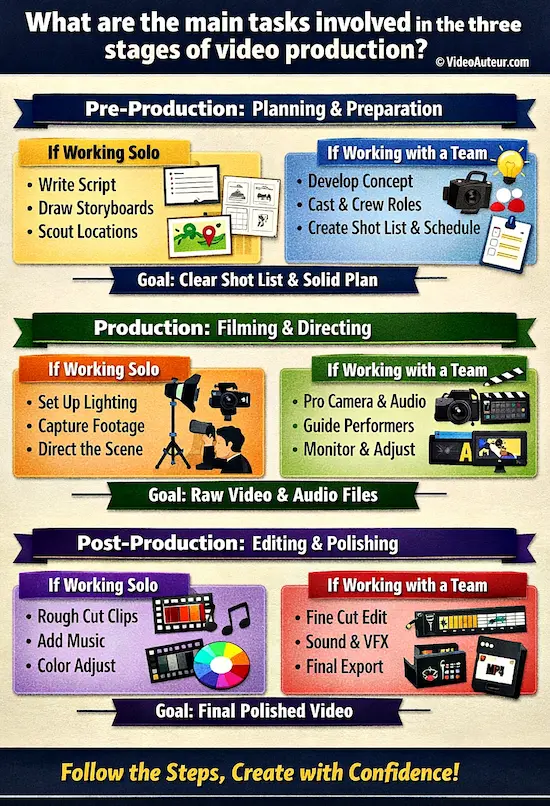 an infographic showing the main tasks involved in the 3 stages of making a video an infographic showing the main tasks involved in the 3 stages of making a video