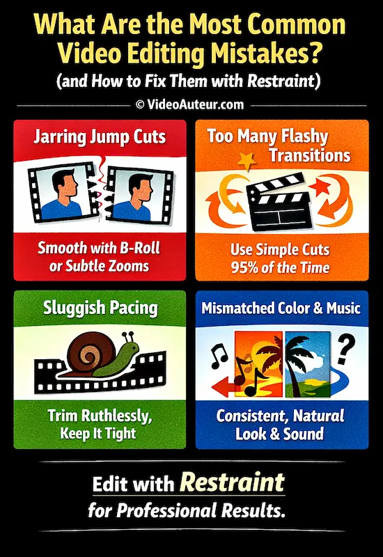An infographic showing the most common video editing mistakes by beginners.