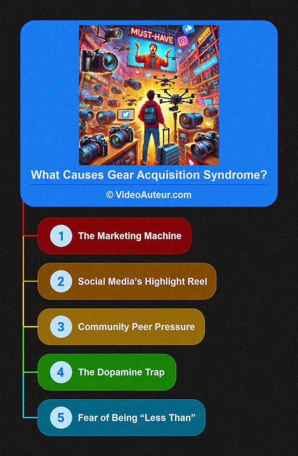 An infographic showing some of the causes of Gear Acquisition Syndrome (GAS) in video production or videography.
