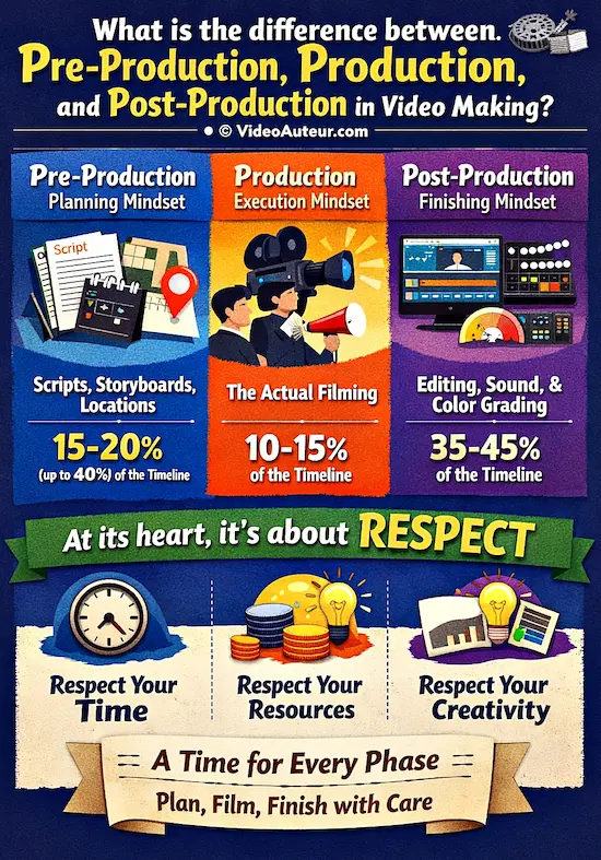 an infographic showing the the difference between video pre-production, production, and post-production an infographic showing the the difference between video pre-production, production, and post-production