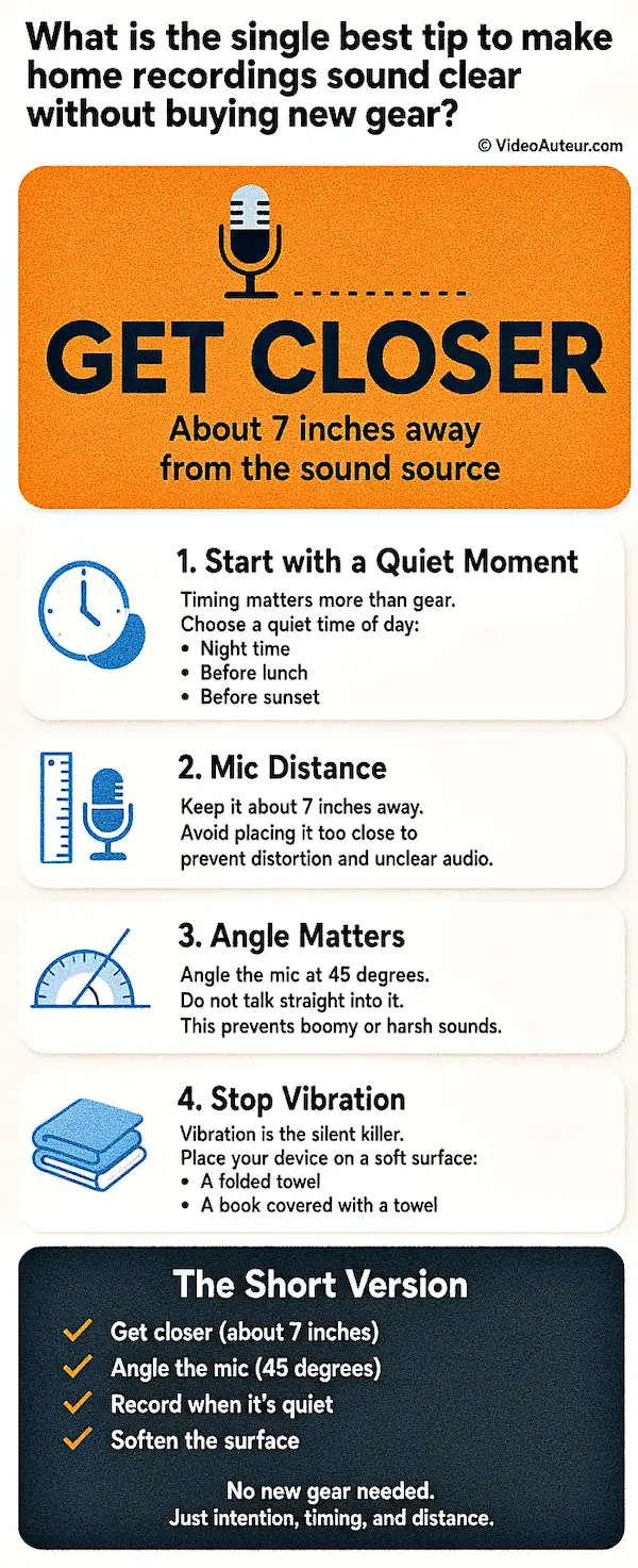An infographic showing video creators the single best tip to make home recordings sound clear without buying new gear. An infographic showing video creators the single best tip to make home recordings sound clear without buying new gear.
