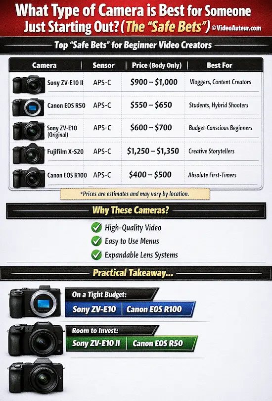 an infographic about the best type of video camera for someone just starting out (The "Safe Bets") by Video Auteur