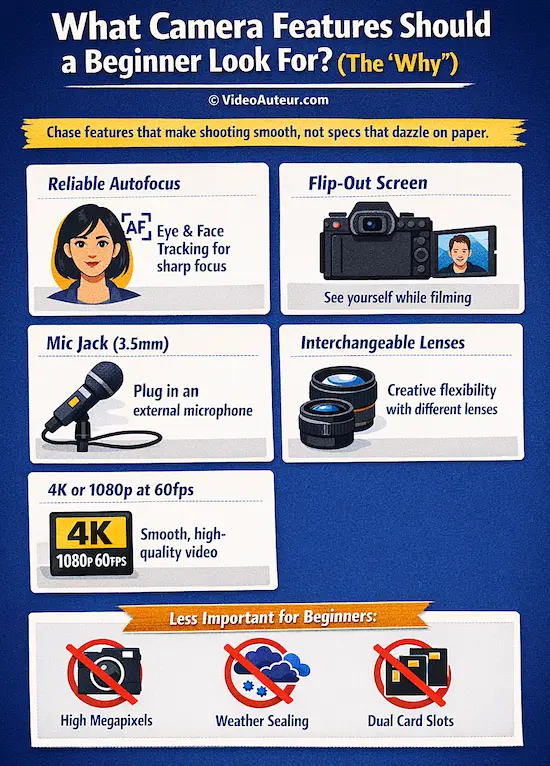 an infographic about video camera features that a beginner should look for and "Why" by Video Auteur