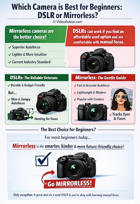 an infographic about which camera is best for beginner video creators -- DSLR or Mirrorless -- by Video Auteur