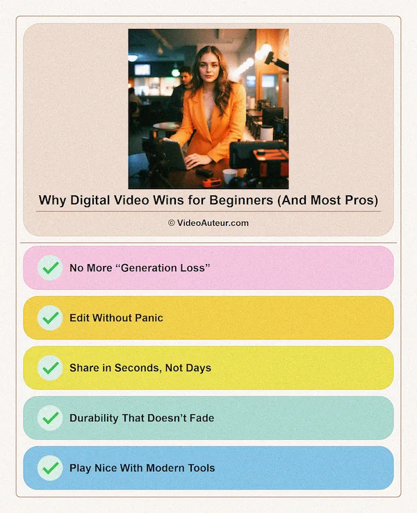 An infographic showing why digital video wins for newbies and experienced video creators. An infographic showing why digital video wins for newbies and experienced video creators.